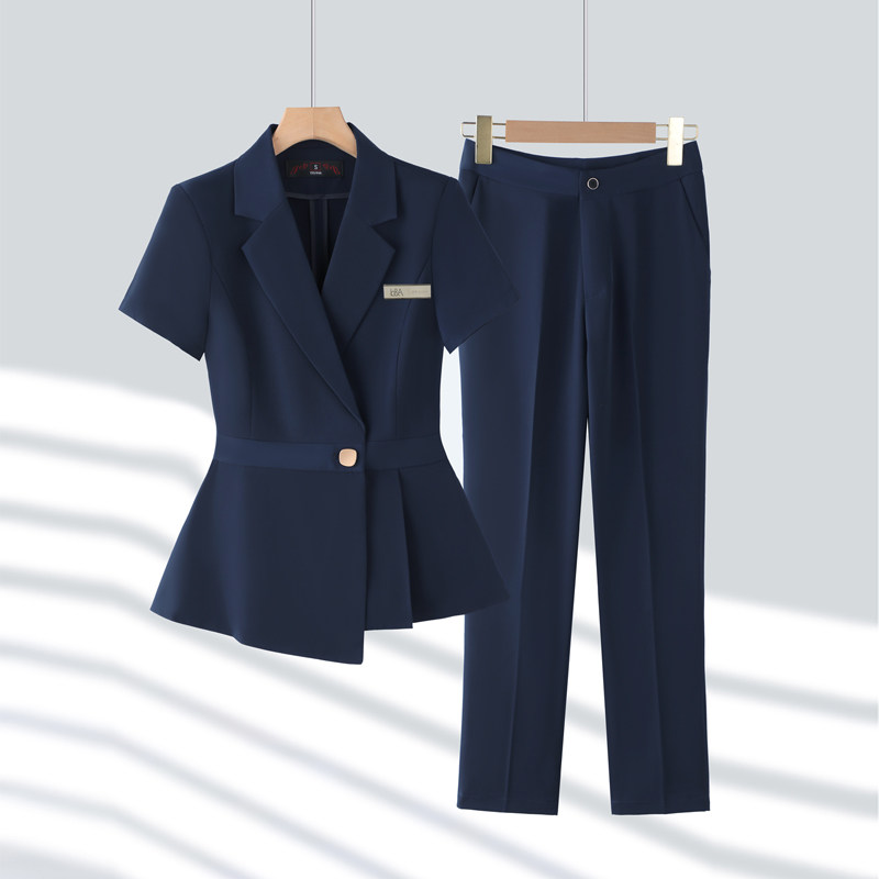 藏蓝色短袖西装外套女夏季气质收腰珠宝店前台职业工装工作服套装