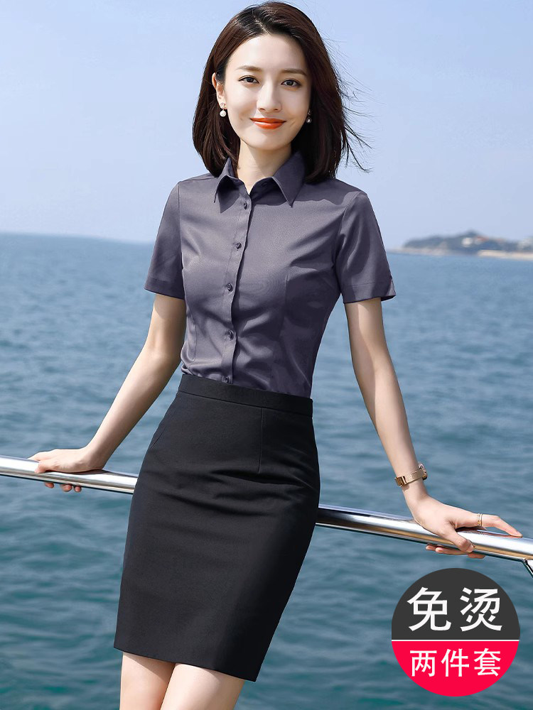 灰色短袖衬衫女夏季新款正装酒店前台银行工装职业套装衬衣工作服