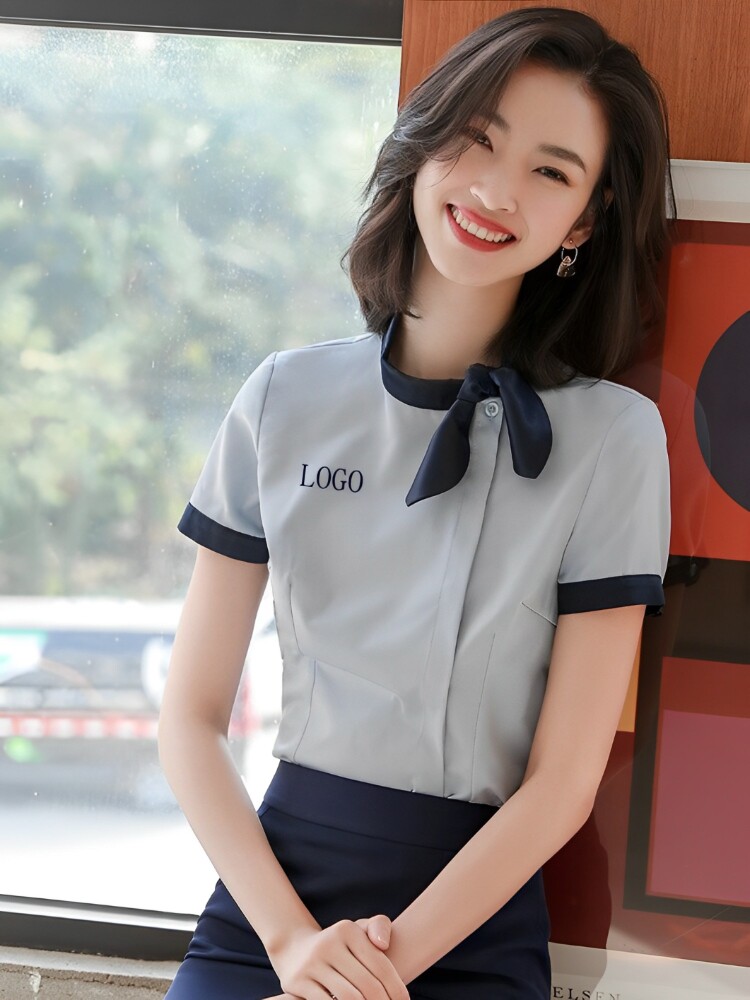 职业短袖衬衫女夏季美容院前台服务员酒店工作服空姐衬衣工装套装