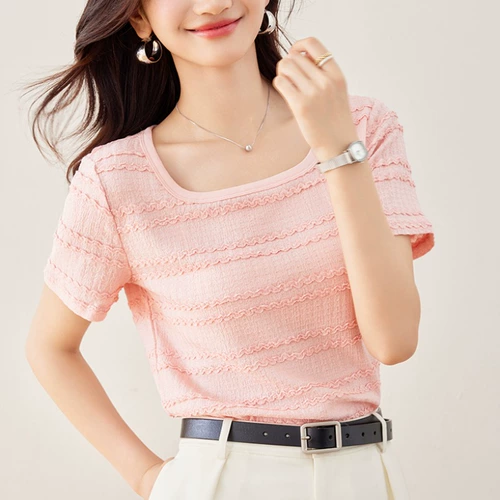 Тонкая трикотажная летняя футболка с коротким рукавом, летняя одежда, французский стиль, круглый воротник, 2025 года, по фигуре