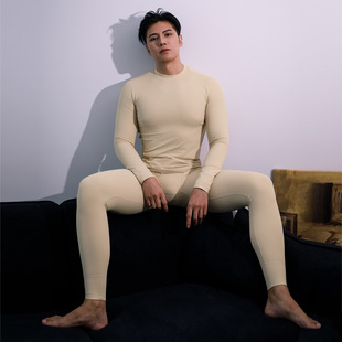 Asianbum半高领薄款坑条纹路修身紧身高弹舒保暖内衣秋冬男套装