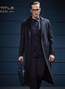 名设计师男装 立体扎线秋冬大衣男士羊毛呢外套 长款呢子风衣潮男