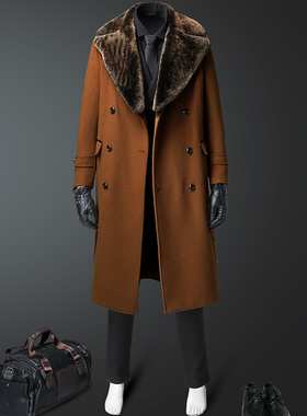 新款欧美大牌羊绒大衣男士毛呢外套大毛领修身长款风衣双排扣