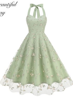 赫本复古气质挂脖通勤网纱刺绣大码女装港风显瘦中长大摆连衣裙