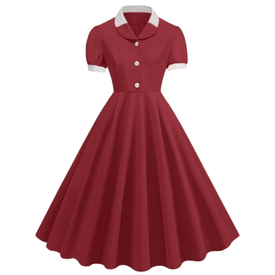 法式复古气质拼接显瘦港风年代感短袖女装舞蹈表演大摆中长连衣裙