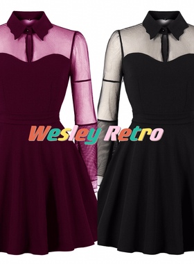 欧美万圣节日复古派对大码女装黑皇后网纱喇叭长袖中长大摆连衣裙