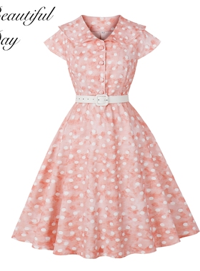 赫本气质复古短袖女装法式波点荷叶领优雅年代感收腰大摆连衣裙