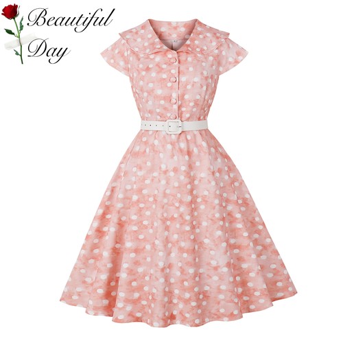 赫本气质复古短袖女装法式波点荷叶领优雅年代感收腰大摆连衣裙
