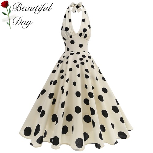 港风女神复古波点性感80年代派对表演写真度假挂脖显瘦大摆连衣裙