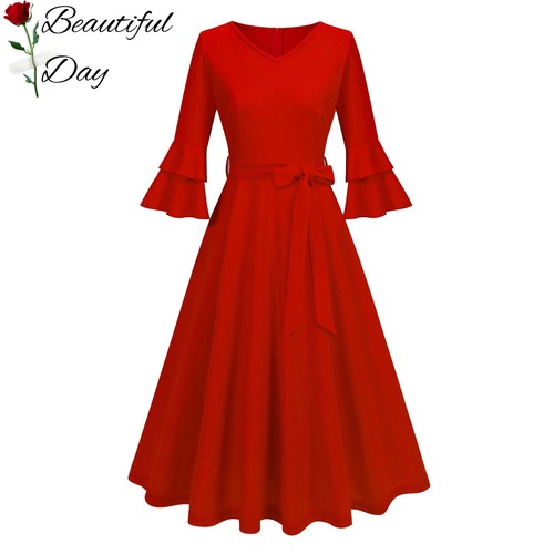 欧美风复古气质纯色显瘦法式年代感喇叭袖女装礼服表演派对连衣裙