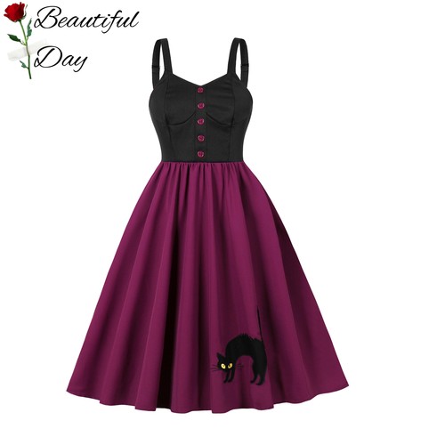 欧美风复古大码万圣节印花女装派对法式表演拼接吊带大摆连衣裙