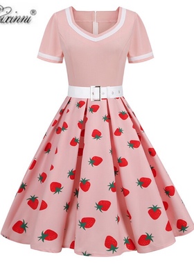 美式田园复古甜美少女感气质港风显瘦印花收腰短袖中长大摆连衣裙