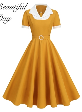 港风复古气质纯色显瘦法式年代感短袖女装舞蹈表演派对大摆连衣裙