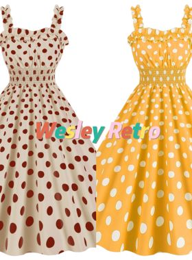 欧美复古性感女神年代感波点显瘦港风舞蹈表演度假大摆吊带连衣裙