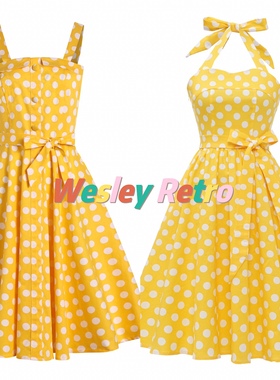 欧美复古年代感气质黄色波点显瘦港风减龄表演派对挂脖大摆连衣裙