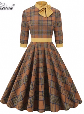 欧美复古赫本气质格纹年代感高腰显瘦中长七分袖女装大摆连衣裙秋