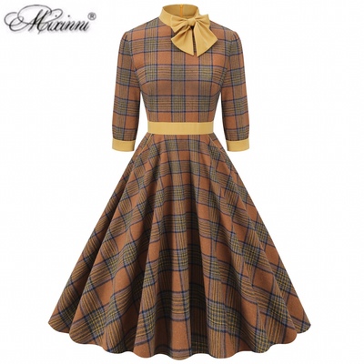 欧美复古赫本气质格纹年代感高腰显瘦中长七分袖女装大摆连衣裙秋