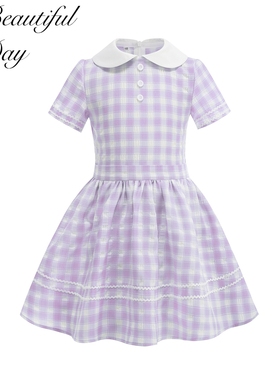 港风复古格子女童洋气短袖儿童赫本可爱甜美表演大摆连衣裙
