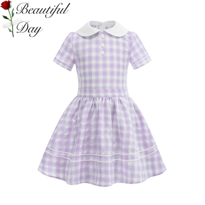 港风复古格子女童洋气短袖儿童赫本可爱甜美表演大摆连衣裙