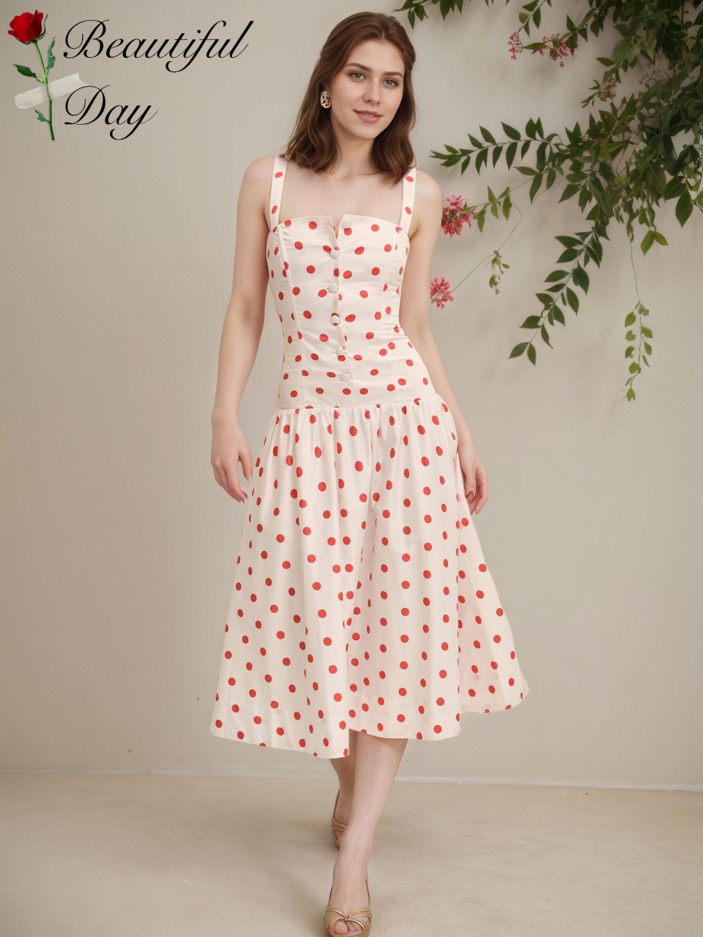 赫本风复古女装长裙气质优雅波点休闲百搭法式吊带收腰度假连衣裙