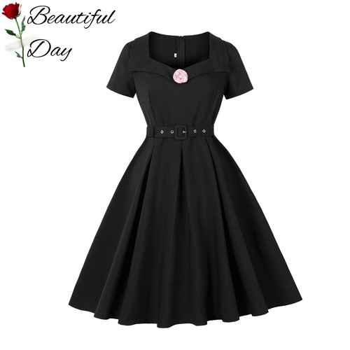 港风复古大码女装优雅收腰法式短袖方领度假表演派对大摆连衣裙