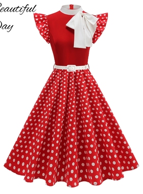 法式优雅淑女赫本小众复古宫廷荷叶袖高领波点表演大摆洋装连衣裙