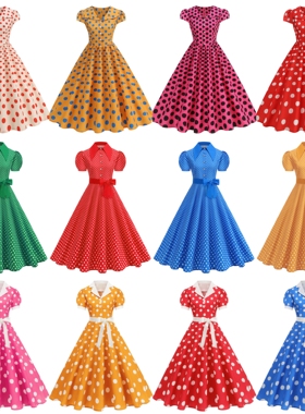 欧美复古气质波点显瘦法式年代感短袖女装舞蹈表演大摆中长连衣裙