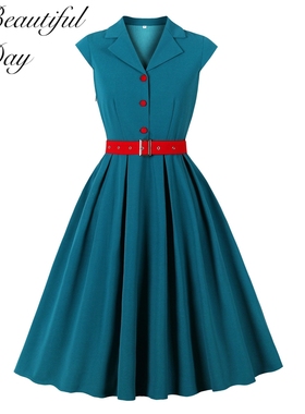 港风复古气质V领年代感甜美怀旧无袖纯色显瘦派对收腰大摆连衣裙