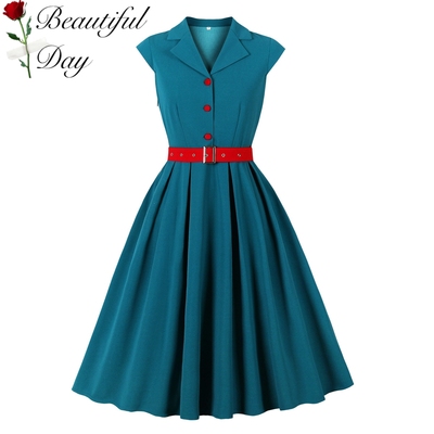 港风复古气质V领年代感甜美怀旧无袖纯色显瘦派对收腰大摆连衣裙