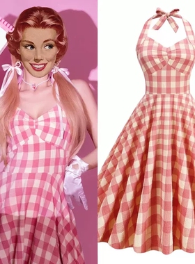 美式复古田园气质甜美少女感粉色格子显瘦港风度假挂脖大摆连衣裙