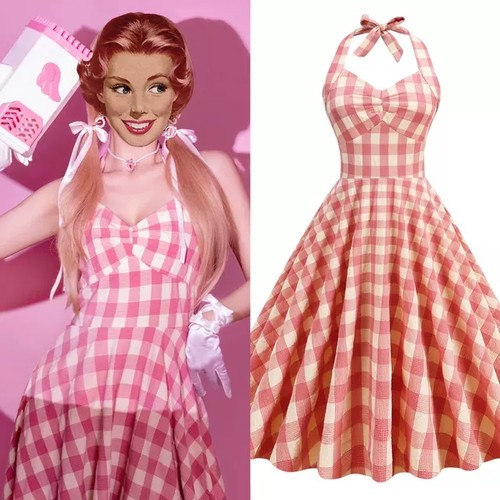 美式复古田园气质甜美少女感粉色格子显瘦港风度假挂脖大摆连衣裙