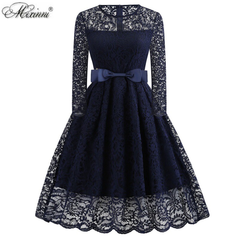 欧美复古秋季大码女装蕾丝小礼服长袖性感蝴蝶结赫本风显瘦连衣裙