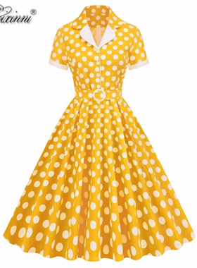 法式复古Vintage年代感气质港风波点收腰显瘦派对表演大摆连衣裙