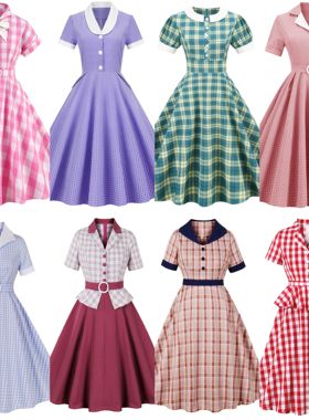 赫本气质80年代港风女神复古大码女装格子收腰显瘦大摆中长连衣裙