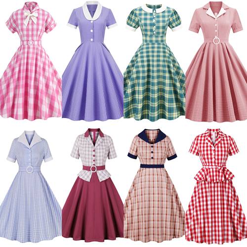 港风复古年代感大码女格纹大摆裙