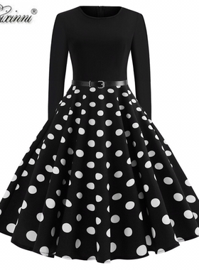 欧美赫本气质复古港风长袖年代感波点优雅收腰派对表演大摆连衣裙