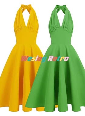 赫本夏日小众复古港风女神仙气黄色挂脖露背年代感高腰大摆连衣裙