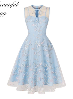 赫本复古气质女装刺绣印花派对小礼服法式显瘦网纱无袖大摆连衣裙