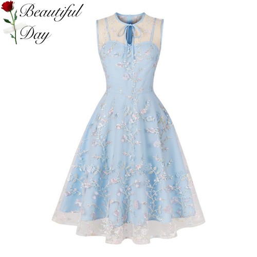 赫本复古气质女装刺绣印花派对小礼服法式显瘦网纱无袖大摆连衣裙