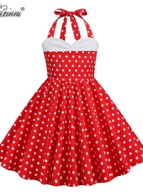欧美复古女童港风洋气波点时尚表演服装儿童可爱大摆挂脖连衣裙夏
