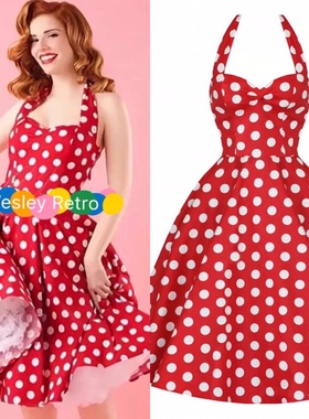 很仙的赫本港风女神复古红波点甜美挂脖露背收腰显瘦大摆连衣裙夏