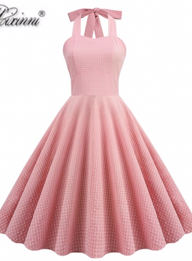 赫本复古港风甜美少女感格子显瘦性感露背派对表演中长夏日连衣裙