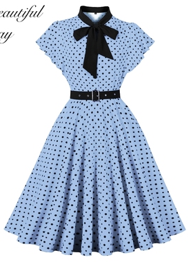 港风复古气质波点显瘦法式年代感短袖女装舞蹈表演大摆赫本连衣裙