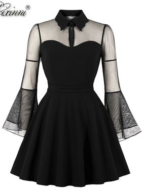 法式大码Vintage复古女装显瘦万圣节黑皇后网纱喇叭袖大摆连衣裙