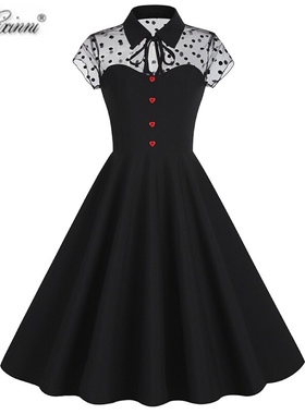 法式复古Vintage赫本气质短袖女装港风黑色显瘦网纱大摆连衣裙夏