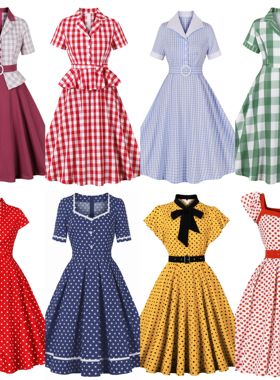 赫本风气质小众Vintage法式复古大码短袖格子收腰大摆显瘦连衣裙