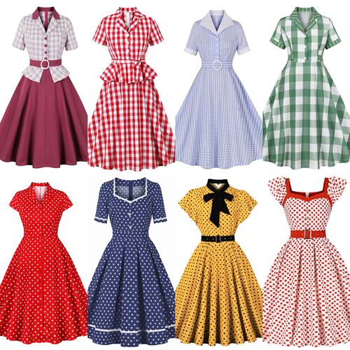 赫本风气质复古格子大摆裙