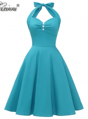 赫本梦露性感挂脖露背复古显瘦港风少女感仙气甜美收腰大摆连衣裙