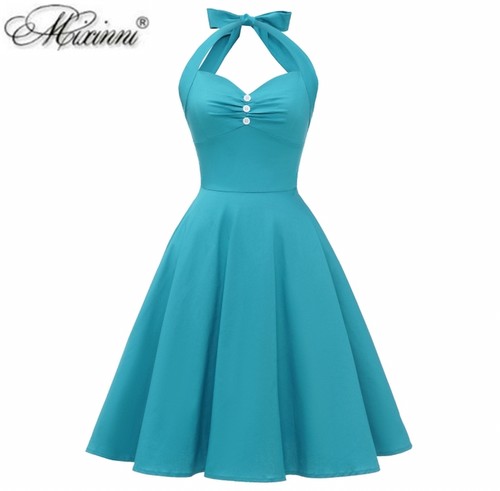 梦露少女挂脖露背复古显瘦连衣裙