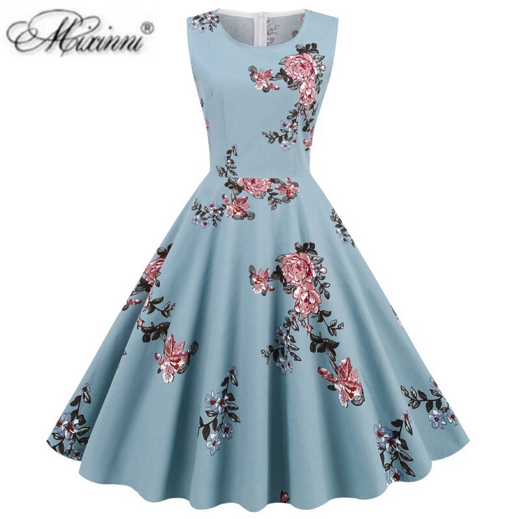 赫本气质复古港风无袖印花大码女装显瘦洋气中长款大摆连衣裙棉夏